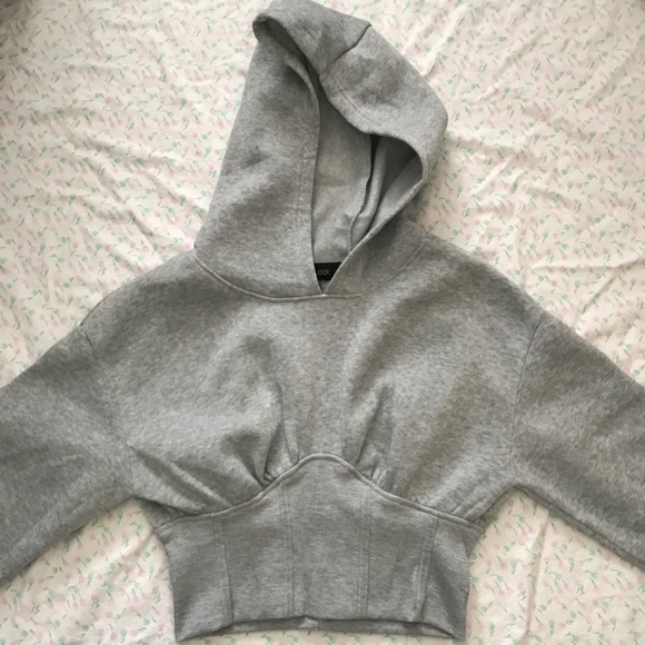 New Look Long Sleeve Short Cropped Pullover Hoodie M Light Grey Sweater Top - Picture 1 of 11